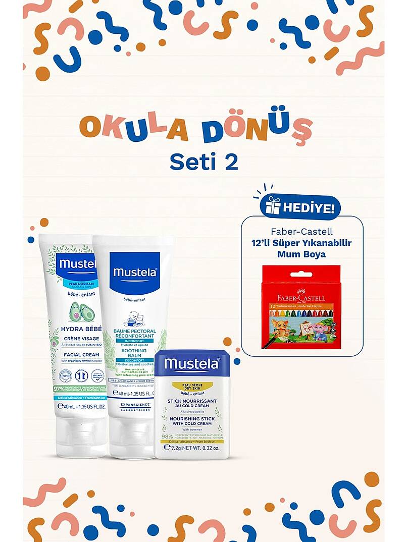 Mustela Hydrabebe Avokadolu Yüz Kremi 40ml + Balsam 40ml + Stick 9,2g + 12'li Mum Boya Hediye - 1